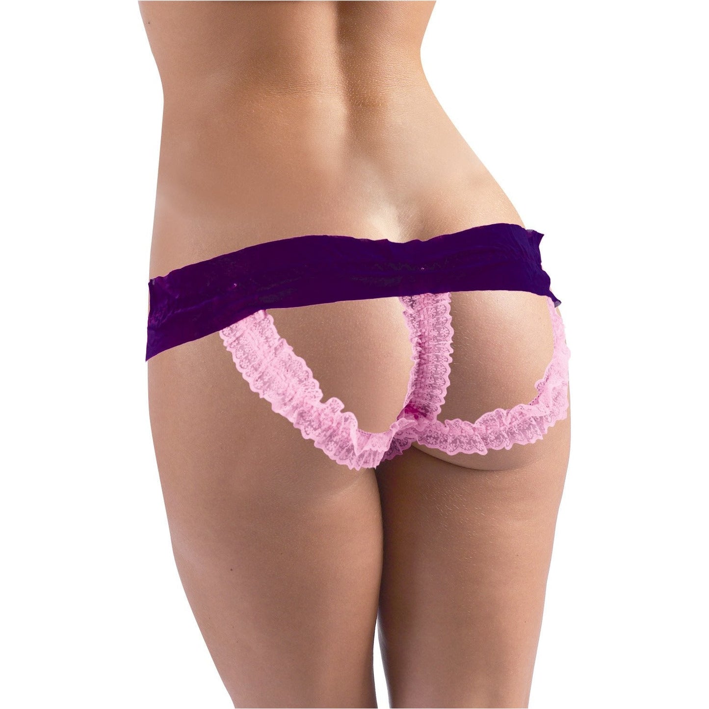 Cherry Wear Open Bum Sheer Thong, Lace Trim & Bow - Purple and Pink