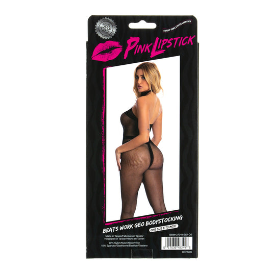 Pink Lipstick Beats Work Bodystocking - Black - One Size