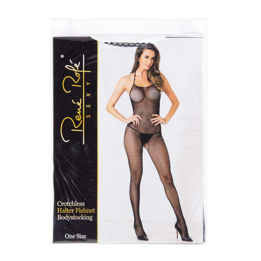 René Rofé – Crotchless Halter Fishnet Bodystocking - Black