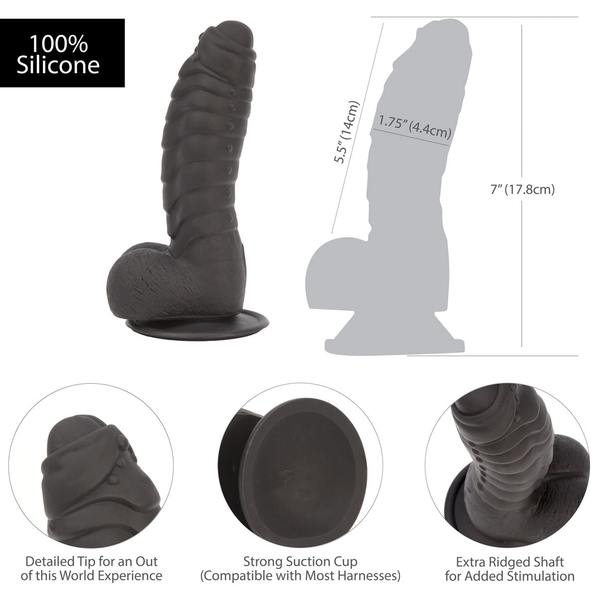Pure Love® - Fantasy Silicone Dildo With Suction Base – 7 In. – Black