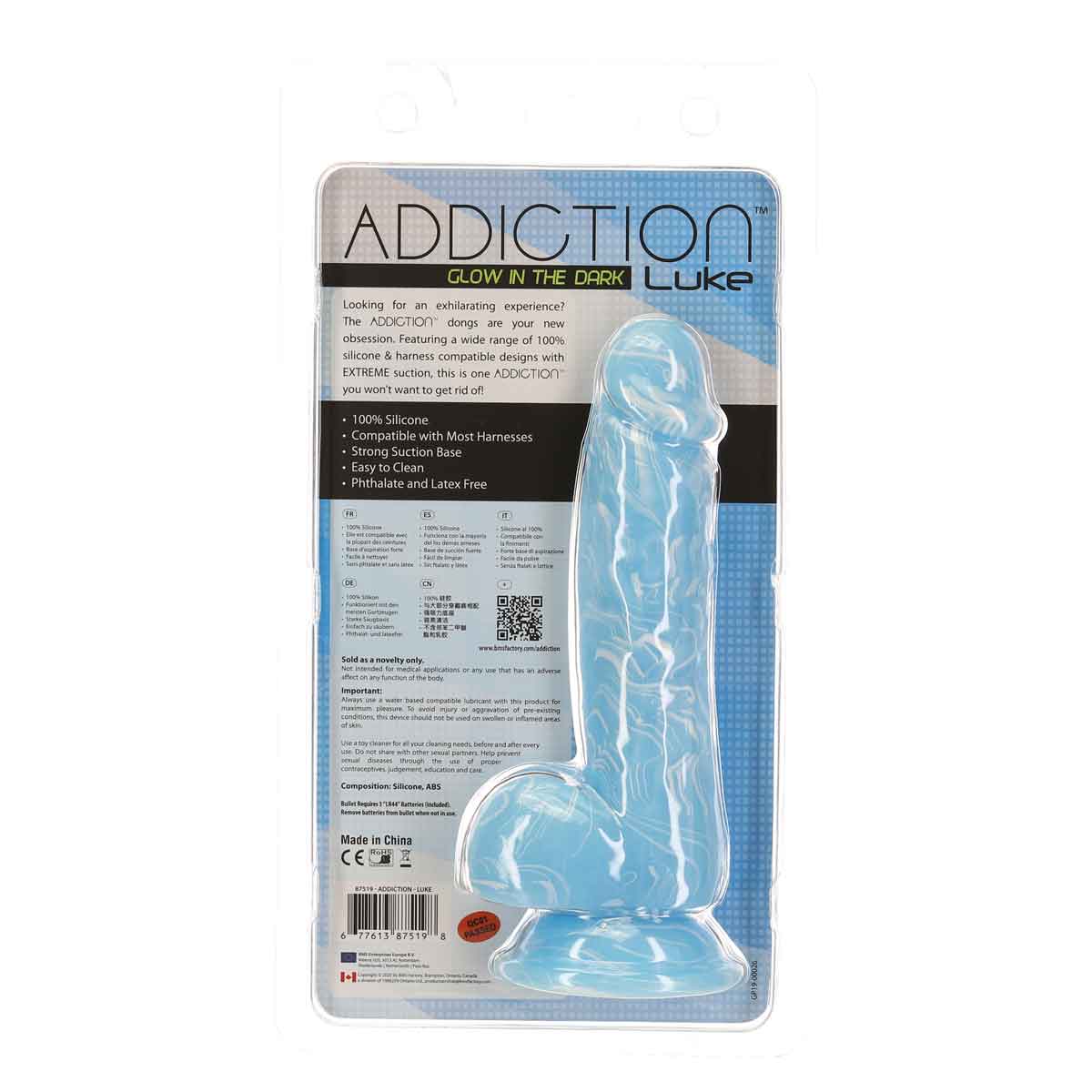 Addiction Luke 7.5" Glow-in-the-Dark Dildo With Balls - Blue