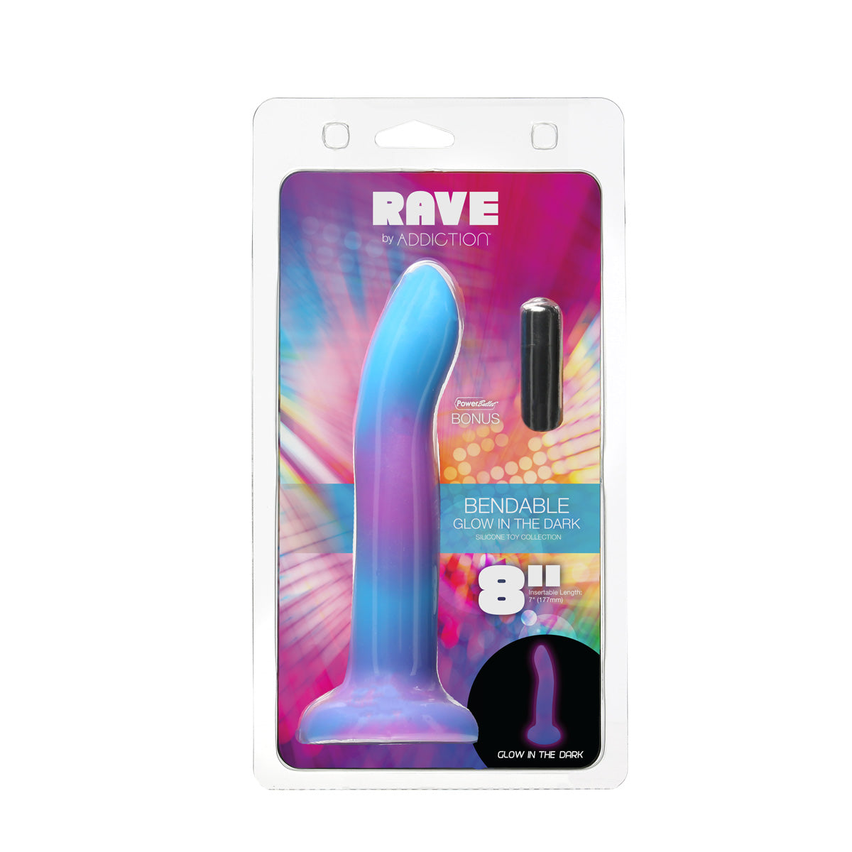 Rave by Addiction - 8" Glow in the Dark Dildo -  Blue Purple