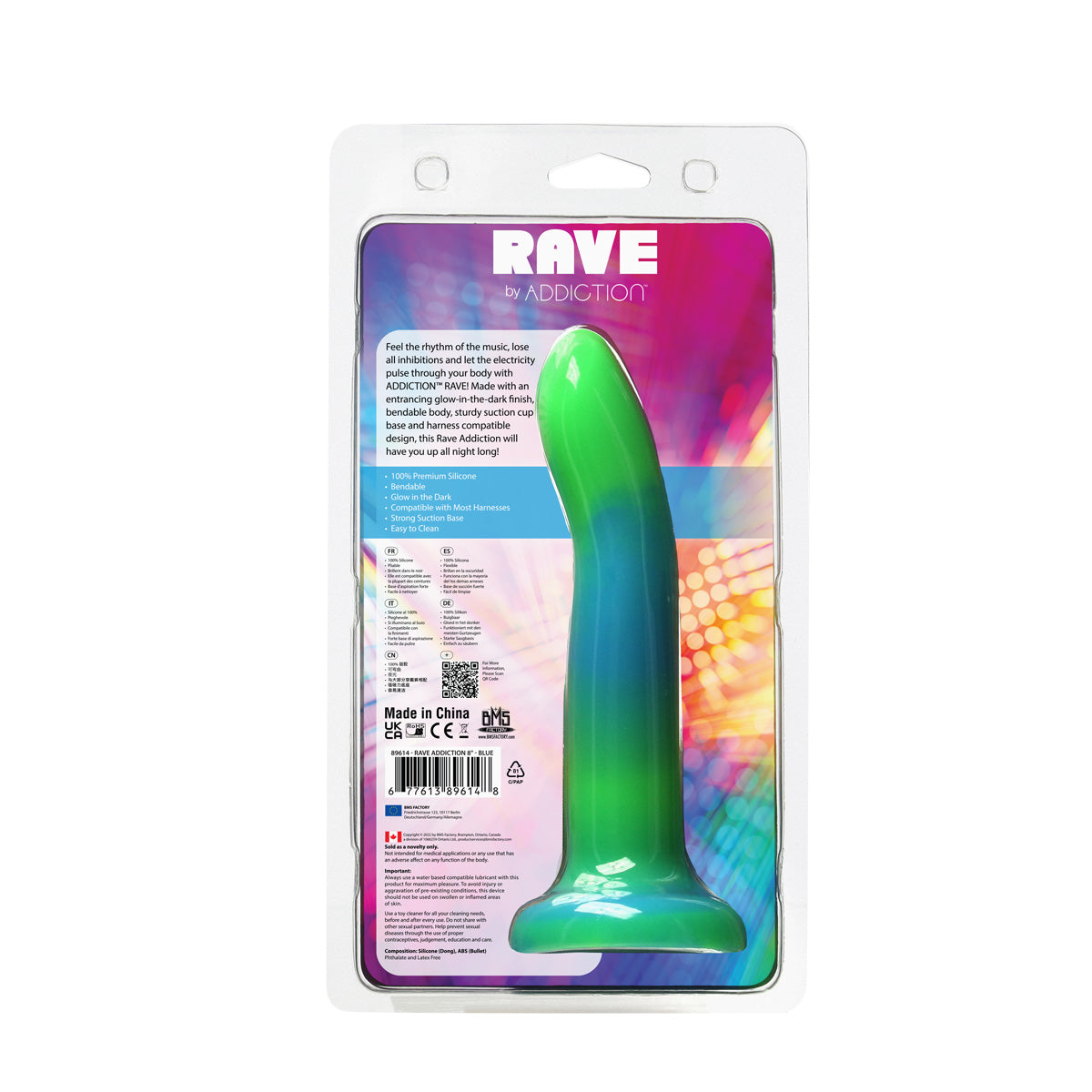 Rave by Addiction - 8" Glow in the Dark Dildo -  Blue Green