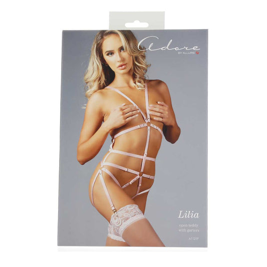 Adore By Allure - Lilia - Open Teddy With Garters - Pink - OS