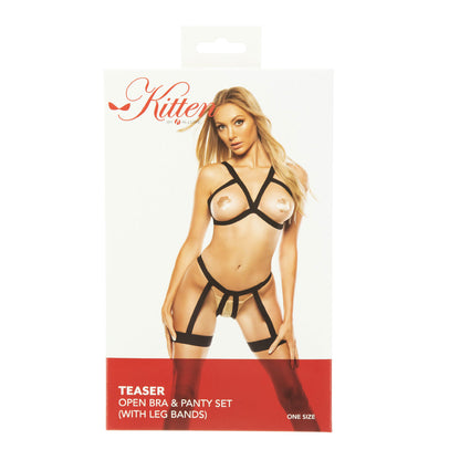 Kitten by Allure – Teaser - Open Bra & Panty Set with Leg Bands – Black - OS