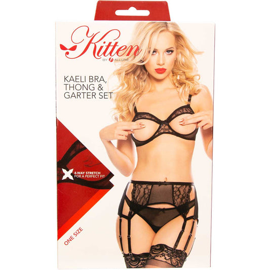 Kitten By Allure - Kaeli Bra, Thong & Garter Set - Black - One Size Fits Most