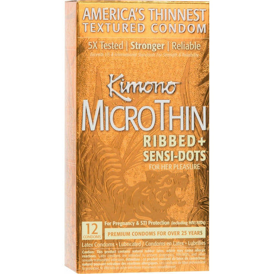 Kimono® Micro Thin Ribbed + Sensi-Dots Lubricated Latex Condom – 12 Pack