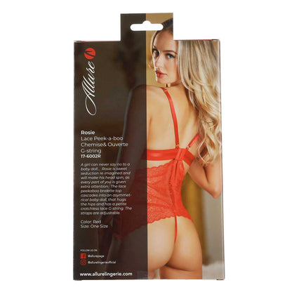 Allure - Rosie - Lace Peek-A-Boo Chemise & Ouverte G-String – Red – OS