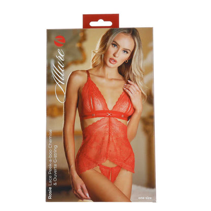 Allure - Rosie - Lace Peek-A-Boo Chemise & Ouverte G-String – Red – OS