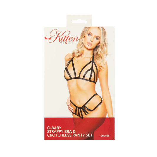 Kitten by Allure O-Baby Strappy Bra & Crotchless Panty Set – Black – O/S