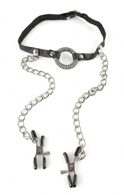 Fetish Fantasy Series O-Ring Gag Nipple Clamps - Black/Silver