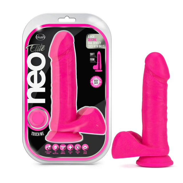 Blush - Neo Elite - 8 Inch Silicone Dual Density Cock with Balls - Neon Pink