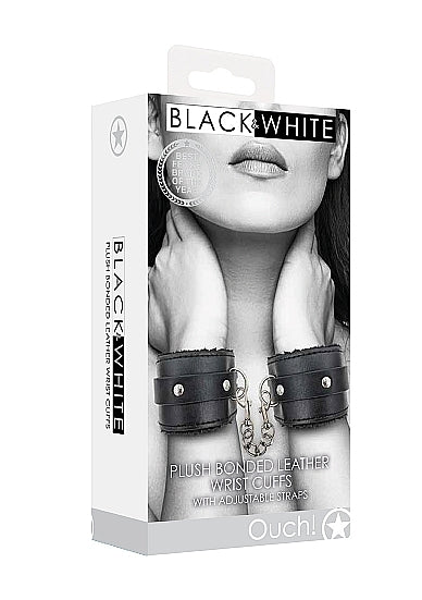Shots - Ouch! B&W - Plush Bonded Leather Hand Cuffs w Adjustable Straps
