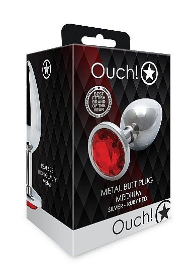 Shots - Ouch! - Round Gem Butt Plug - Silver / Ruby Red - Medium
