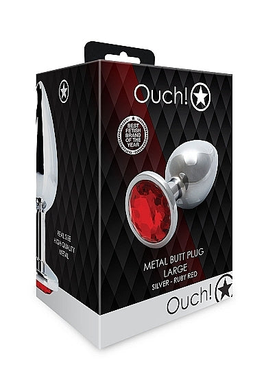 Shots - Ouch! - Round Gem Butt Plug - Silver / Ruby Red - Large