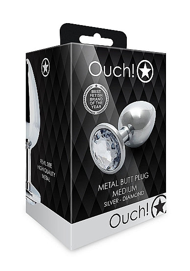 Shots - Ouch! - Round Gem Butt Plug - Silver / Diamond - Medium