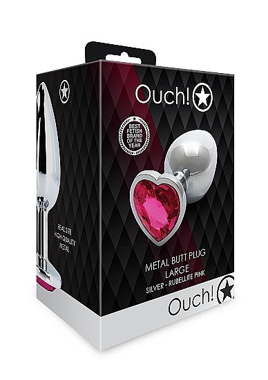 Shots - Ouch! - Heart Gem Butt Plug - Silver / Rubellite Pink - Large