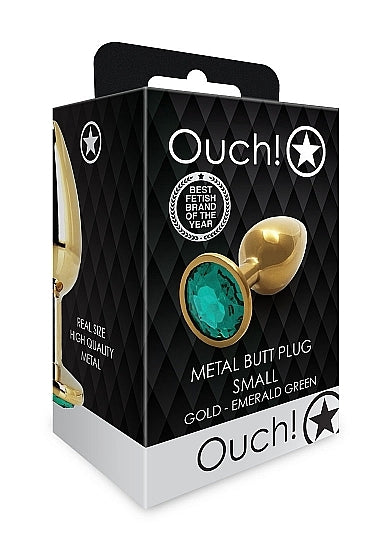 Shots - Ouch! - Round Gem Butt Plug - Gold / Emerald Green - Small
