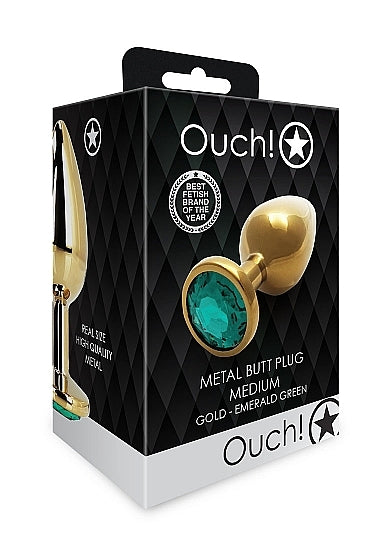 Shots - Ouch! - Round Gem Butt Plug - Gold / Emerald Green - Medium
