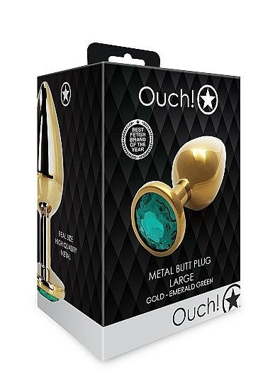 Shots - Ouch! - Round Gem Butt Plug - Gold / Emerald Green - Large