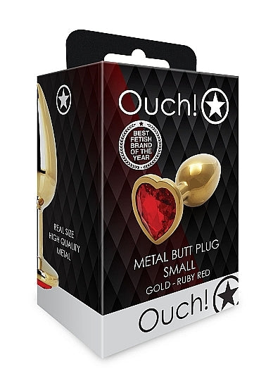 Shots - Ouch! - Heart Gem Butt Plug - Gold / Ruby Red - Small