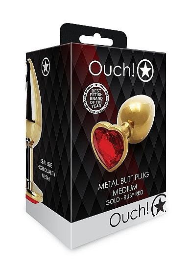 Shots - Ouch! - Heart Gem Butt Plug - Gold / Ruby Red - Medium