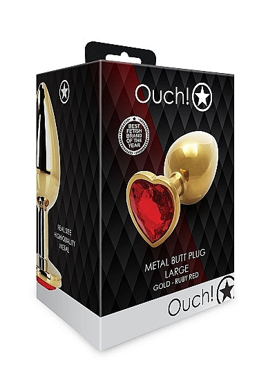 Shots - Ouch! - Heart Gem Butt Plug - Gold / Ruby Red - Large