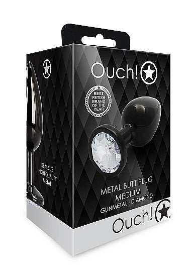Shots - Ouch! - Round Gem Butt Plug - Gunmetal / Diamond - Medium