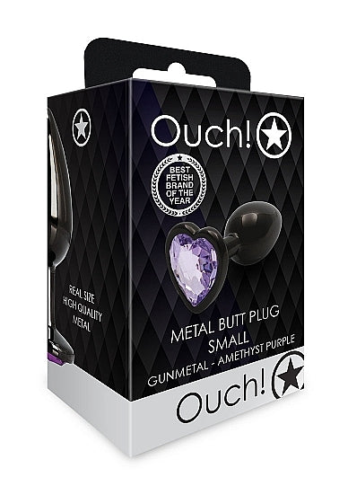 Shots - Ouch! - Heart Gem Butt Plug - Gunmetal / Amethyst - Small