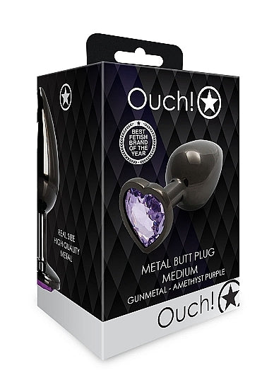 Shots - Ouch! - Heart Gem Butt Plug - Gunmetal / Amethyst - Medium