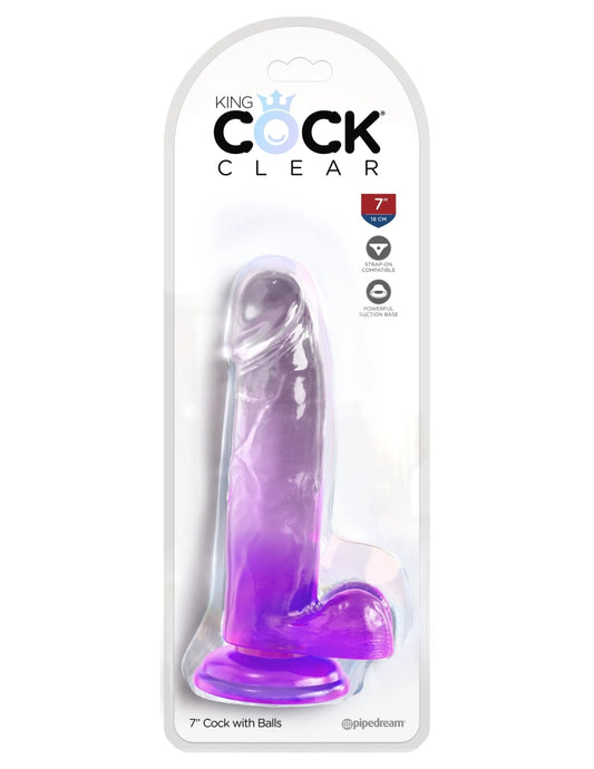 King Cock Clear 7" Cock with Balls - Purple