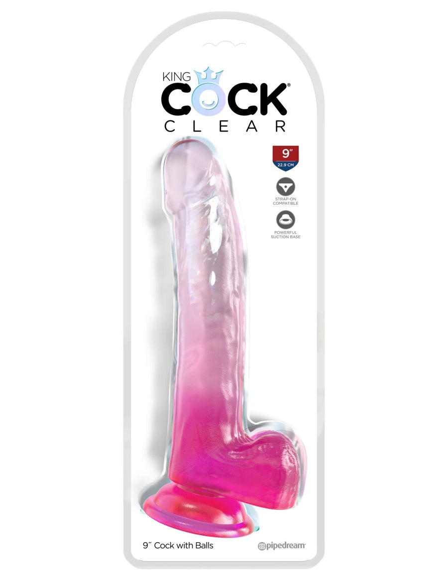 King Cock Clear 9" Cock with Balls - Pink