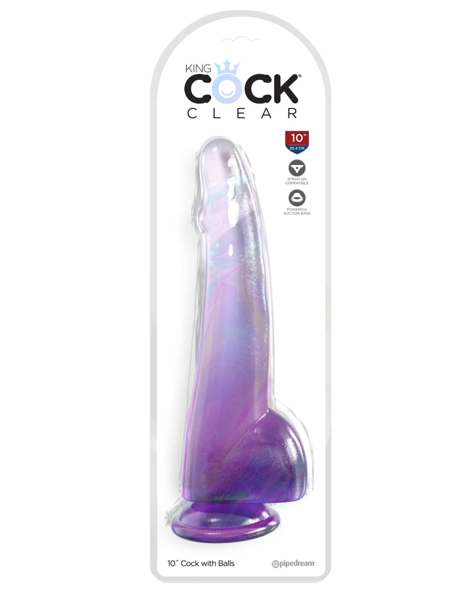 King Cock Clear 10" Cock with Balls - Purple