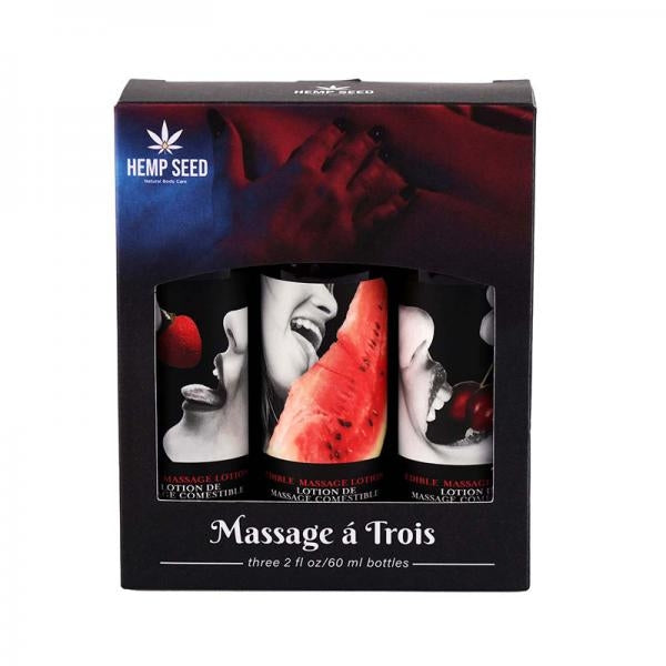 Massage-a-trois Edible Massage Lotion Gift Set Box with 1 ea 2oz Strawberry, Cherry, Watermelon