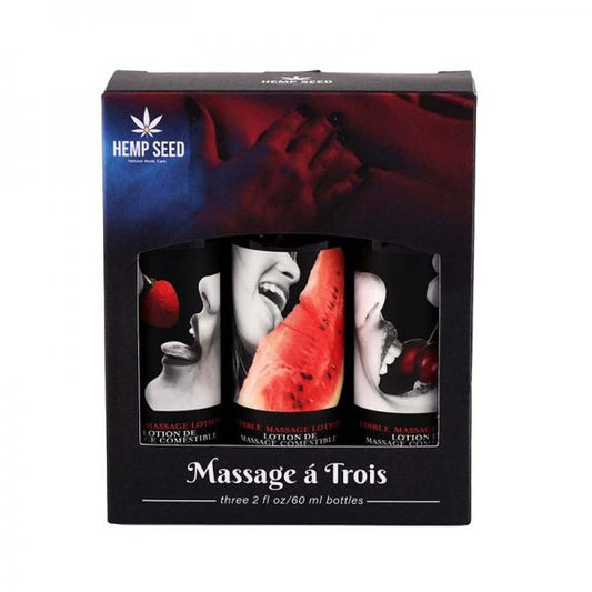 Massage-a-trois Edible Massage Lotion Gift Set Box with 1 ea 2oz Strawberry, Cherry, Watermelon