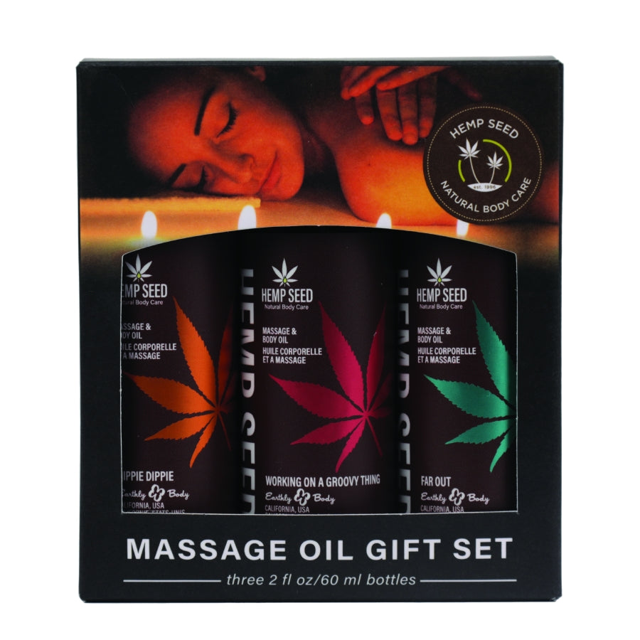 Hemp Seed Massage Oil Gift Set of Three(3) 2oz.(Hippie Dippie, Working On A Groovy Thing, Far Out)
