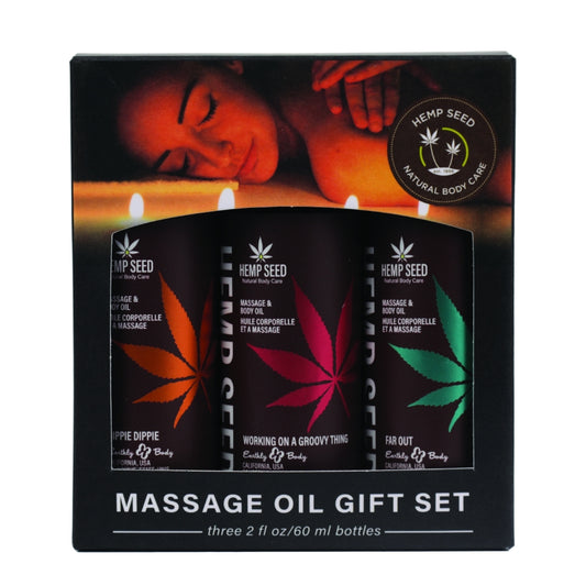 Hemp Seed Massage Oil Gift Set of Three(3) 2oz.(Hippie Dippie, Working On A Groovy Thing, Far Out)