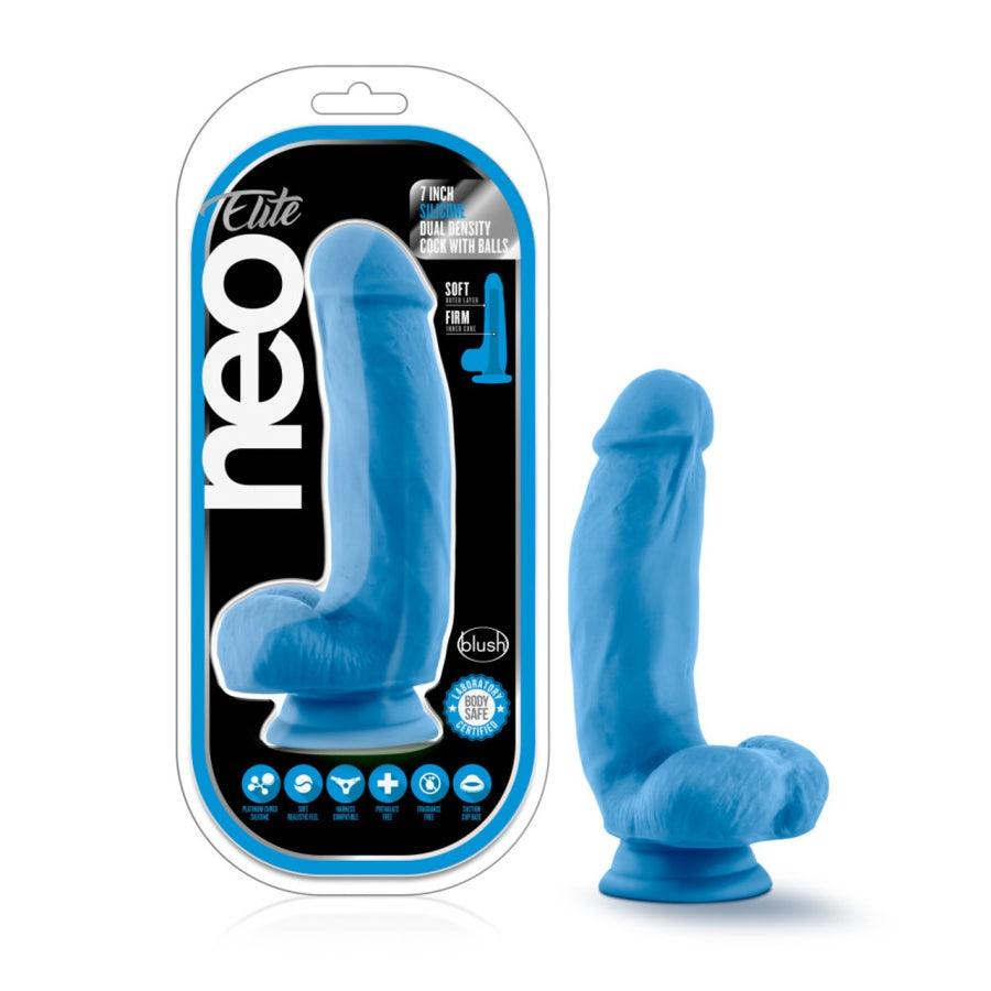 Blush - Neo Elite - 7" Silicone Dual Density Cock w Balls - Neon Blue