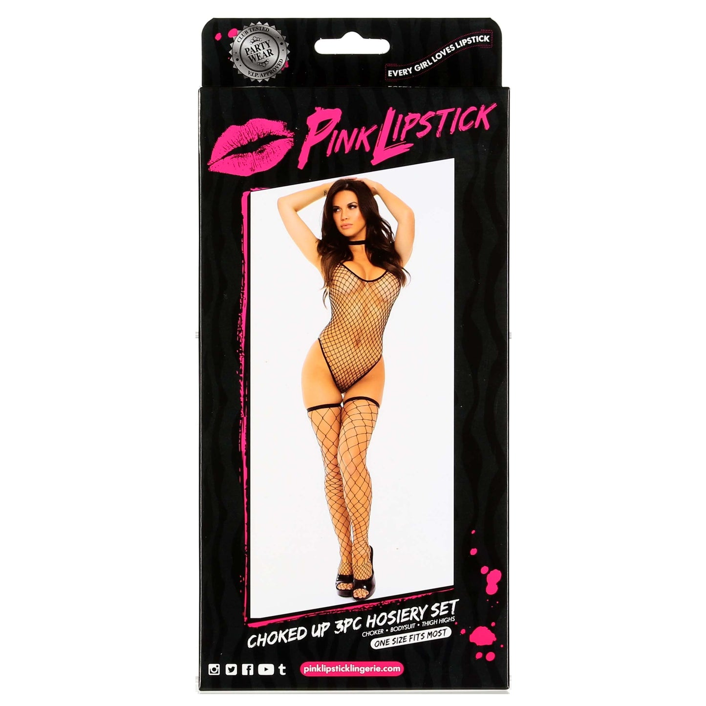 Pink Lipstick - Choked Up - 3PC Bodysuit - Black - OS