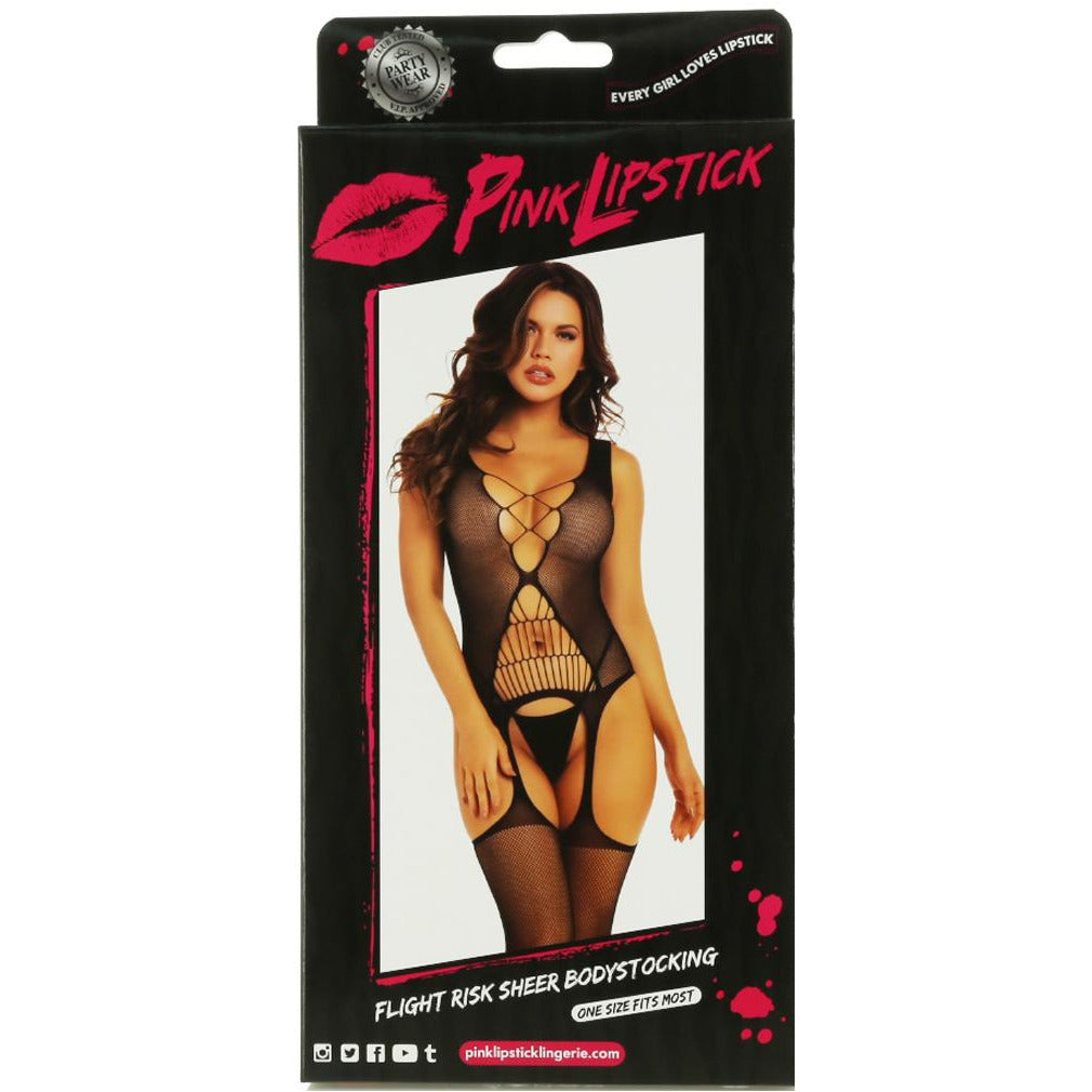 Pink Lipstick Flight Risk Sheer Bodystocking - Black - One Size