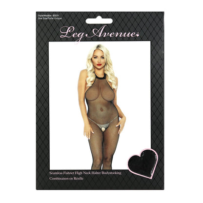 Leg Avenue® Seamless Fishnet High Neck Crotchless Halter Bodystocking – Black – OS