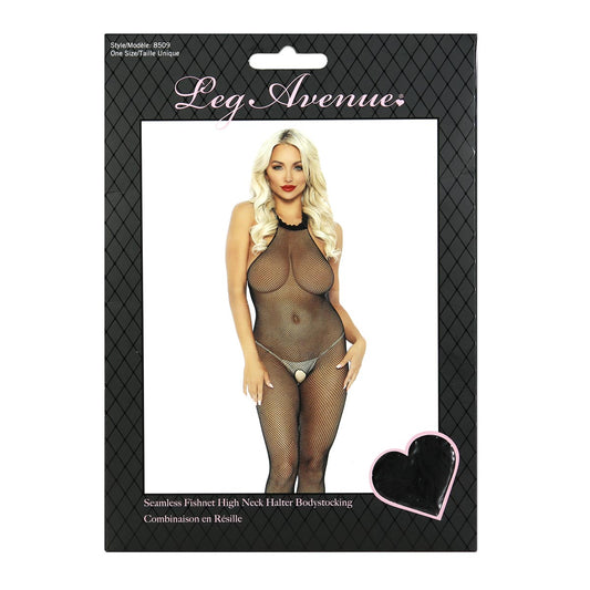 Leg Avenue® Seamless Fishnet High Neck Crotchless Halter Bodystocking – Black – OS