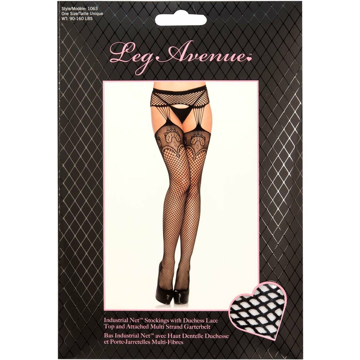 Leg Avenue Industrial Net Stockings with Duchess Lace Top - Black - One Size