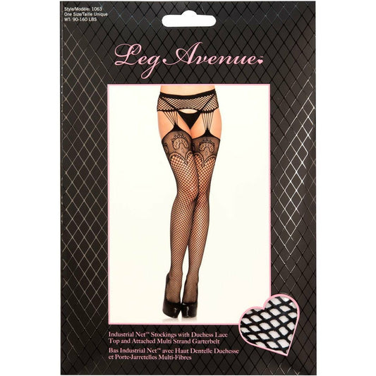 Leg Avenue Industrial Net Stockings with Duchess Lace Top - Black - One Size