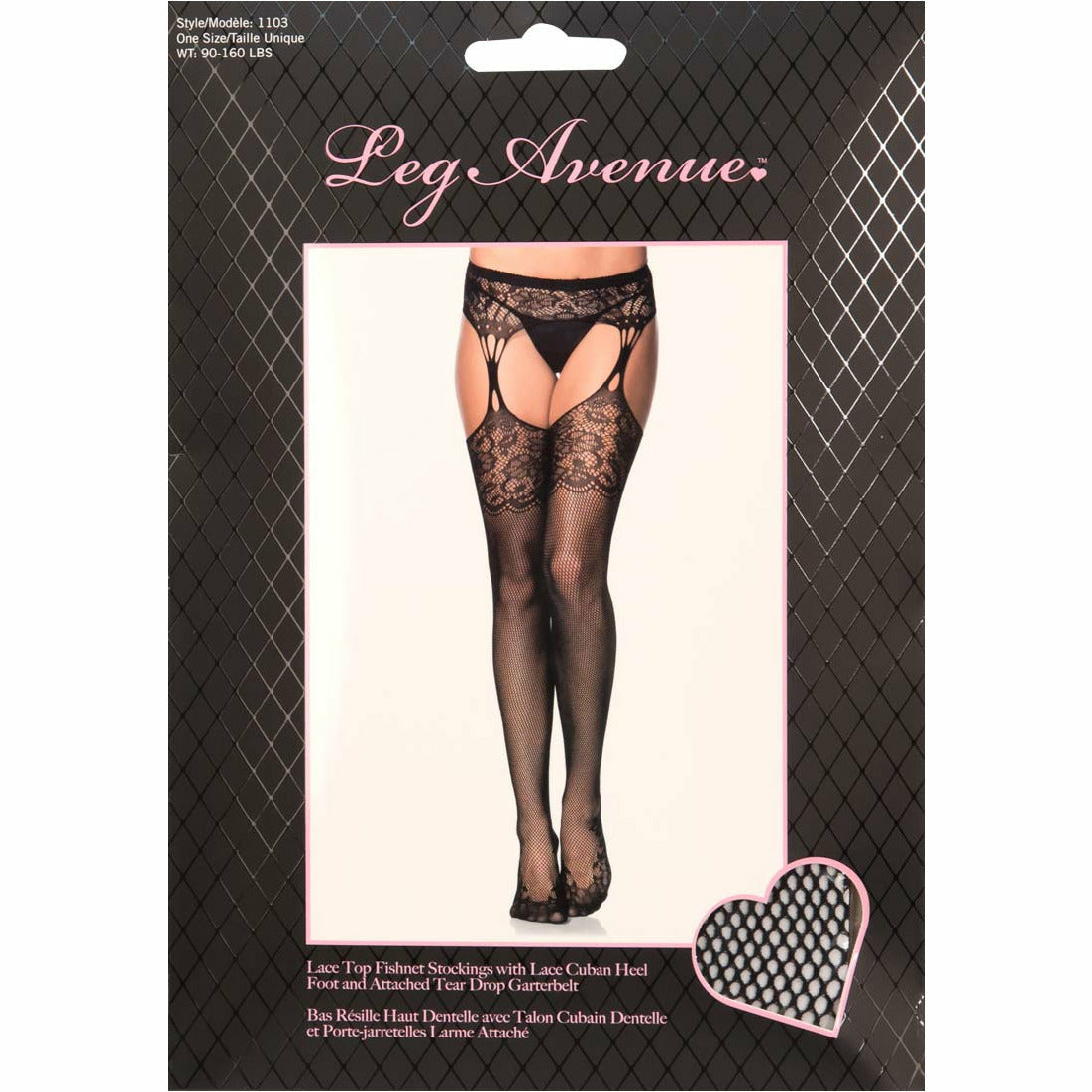 Leg Avenue Lace Top Fishnet Stockings with Lace - Black - One Size