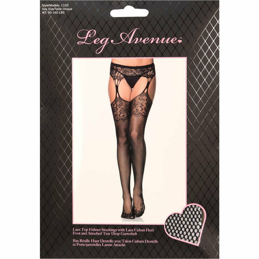 Leg Avenue Lace Top Fishnet Stockings with Lace - Black - One Size