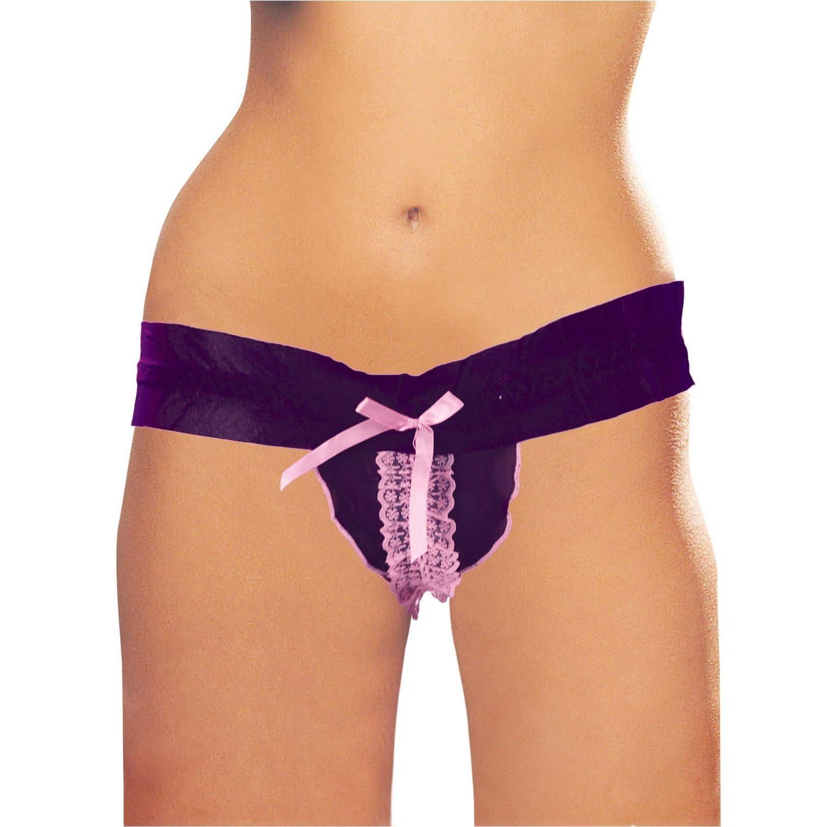 Cherry Wear Open Bum Sheer Thong, Lace Trim & Bow - Purple and Pink