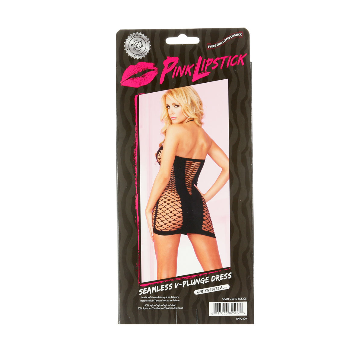 Pink Lipstick Seamless V-Plunge Net Dress - Black - OS