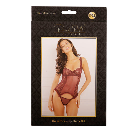 Rene Rofe Grand Finale 2 Piece Ruffle Teddy - Burgundy - Size S/M