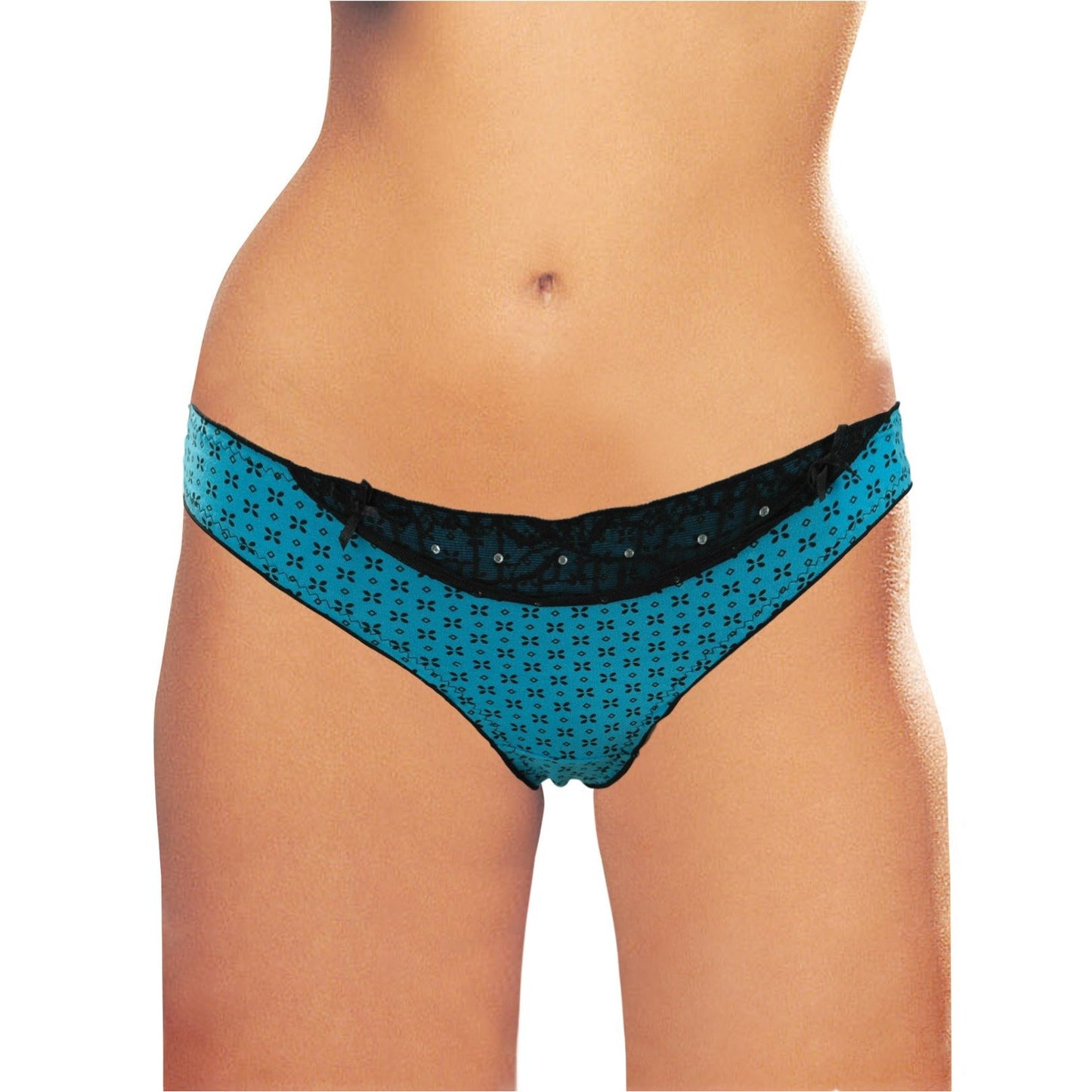 Cherry Wear Pattern Print Thong with Lace Trim, Diamonds & Side Bows - Teal - O/S